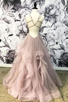 V-Neck Grey Tulle A-line Long Evening Prom Dresses, Cheap Party Custom Prom Dress cg6021