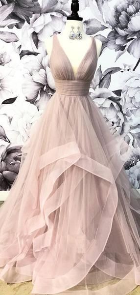 V-Neck Grey Tulle A-line Long Evening Prom Dresses, Cheap Party Custom Prom Dress cg6021
