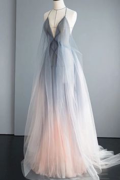 Gray Tulle Open Back Long A Line Prom Dress, Evening Dress cg6046