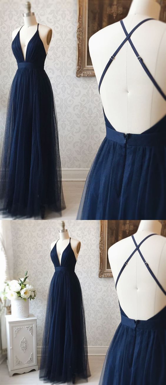 A Line V Neck Navy Blue Backless Prom Dresses, Dark Navy Blue Backless Tulle Evening Formal Dresses cg606