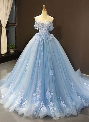 Blue tulle lace long prom gown, blue evening dress cg6069