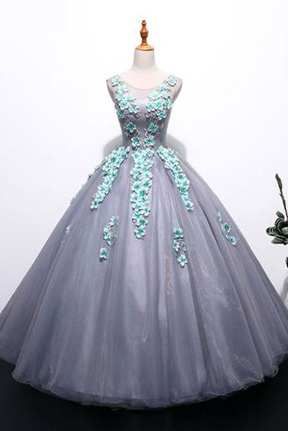 Unique gray tulle long winter formal prom dress with appliqués, long plus size prom gown cg6081