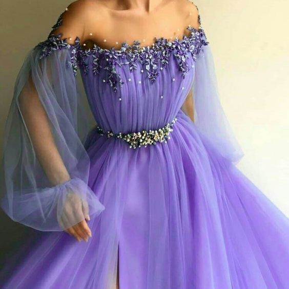 A line round neck purple prom dress with slit cg6098