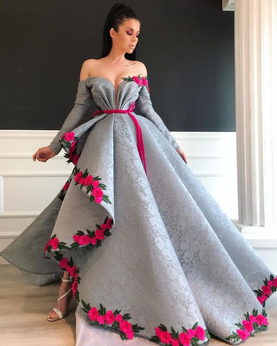 Silver Lace Sexy 2020 Arabic Evening Dresses Long Sleeves High Split Prom Dresses cg6109