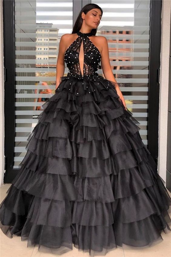 Stunning Halter Keyhole Sheer Top Sleeveless Layers Prom Dress cg6141