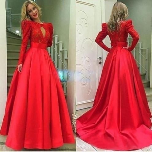 Red Long Sleeves Ball Gown Satin Prom Dresses cg6147