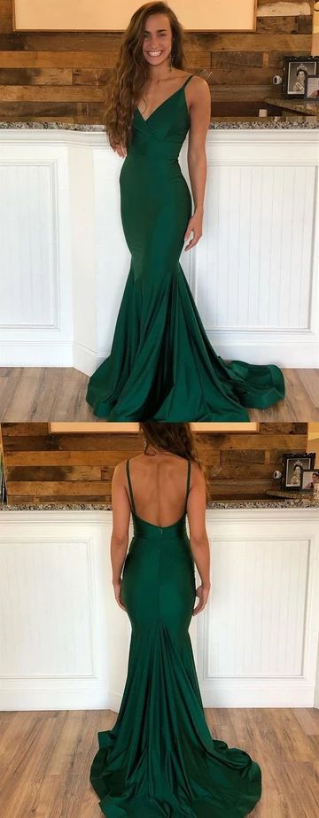 Emerald Green V Neck Mermaid Prom Dresses with Sweep Train cg6208
