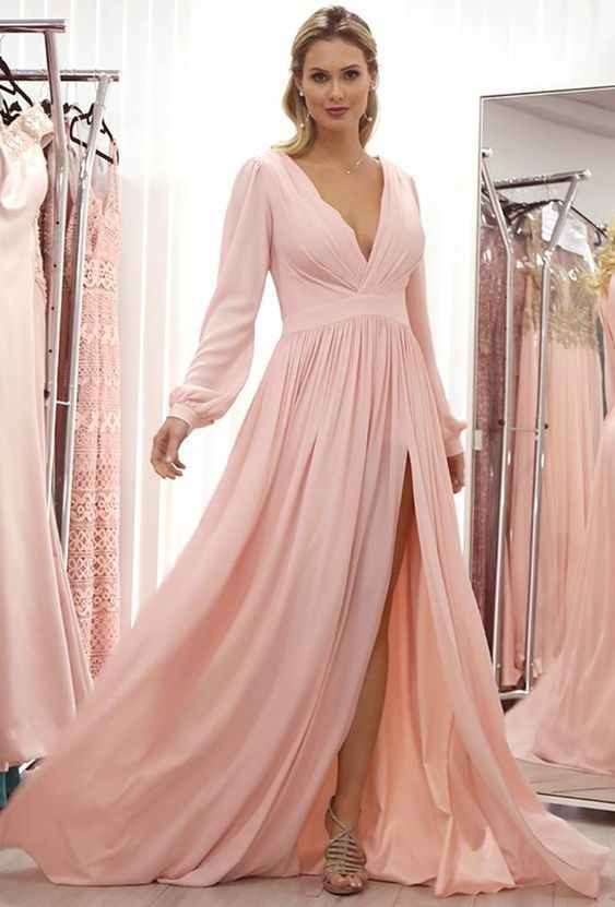 Long Sleeves Pink Chiffon Party prom Dress cg6230