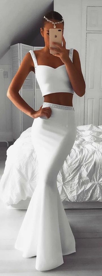 White Beaded Two-Piece Long Prom Dress cg6242