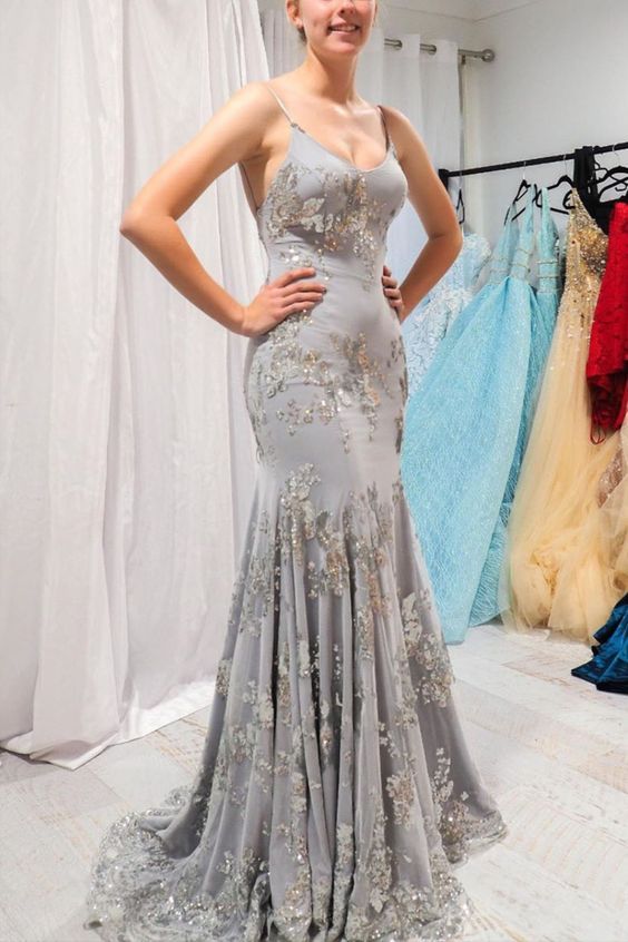 Mermaid Spaghetti Straps Backless Grey Prom Dress with Appliques cg6263
