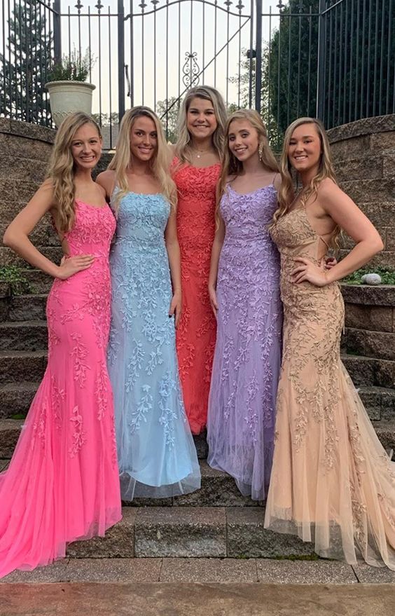 Sheath Spaghetti Straps Lace-Up Sweep Train Light Blue Prom Dress with Appliques cg6264