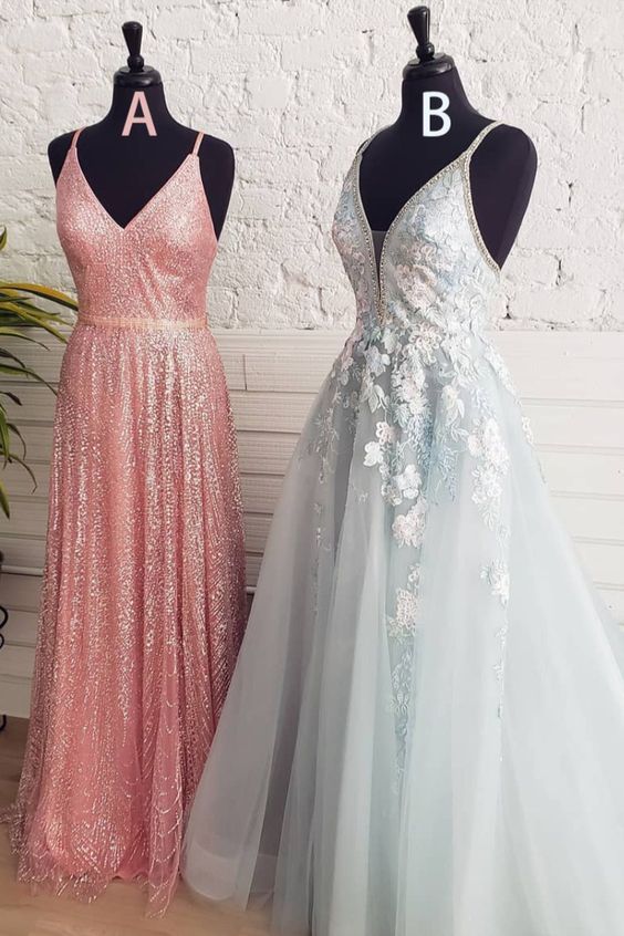 A Line Spaghetti Straps Light Blue Prom Dress With Beading Appliques cg6266