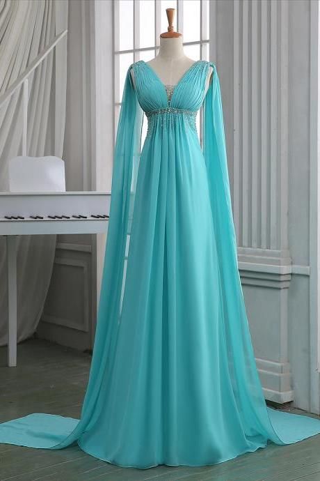Sequins Ruched V Neck Empire Prom Dress, Turquoise Floor Length Sweep Train Prom Dress, Unique Lace-up Long Chiffon Prom Dress cg6314