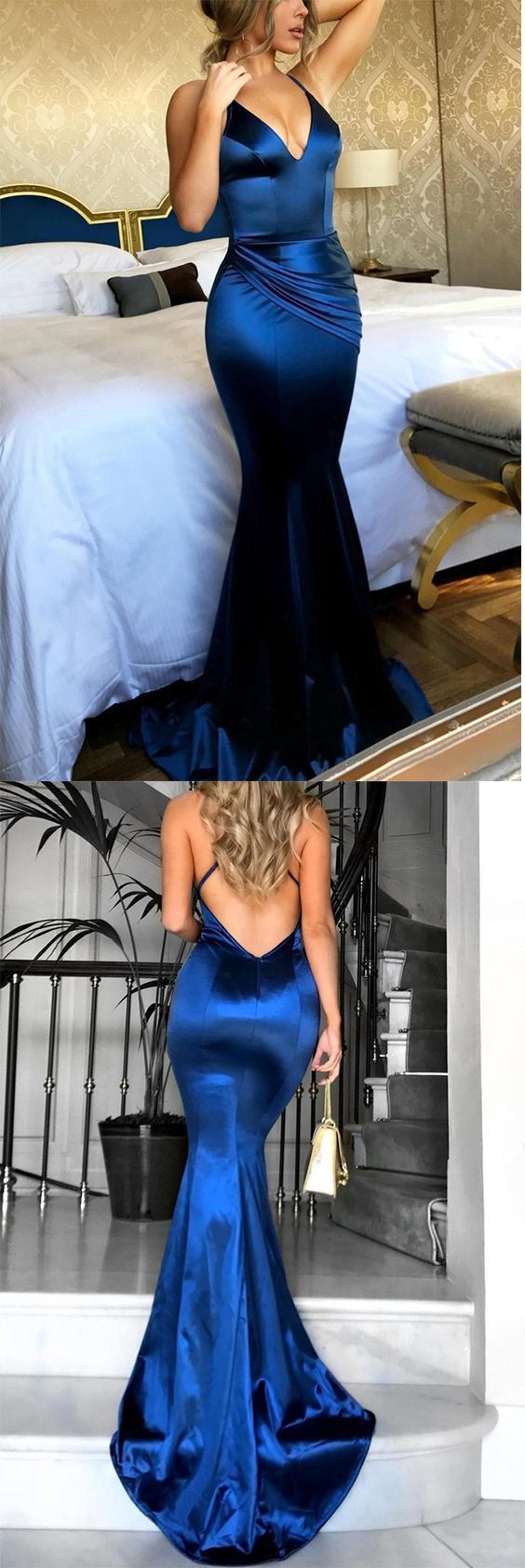 Royal Blue Long Mermaid Evening Gowns Backless V Neck Court Train Prom Dresses cg634