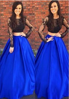 Prom Dress Classy Elegant A-Line/Princess Royal Blue With Black Long Sleeves cg6357