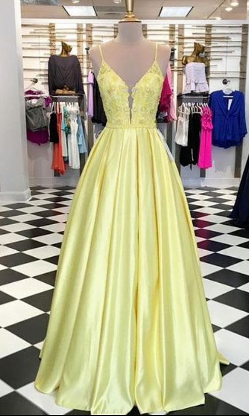 Unique yellow satin V neck party dress, long | prom dresses cg6367