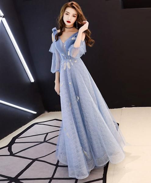 Blue v neck tulle lace long prom dress, blue evening dress cg6416