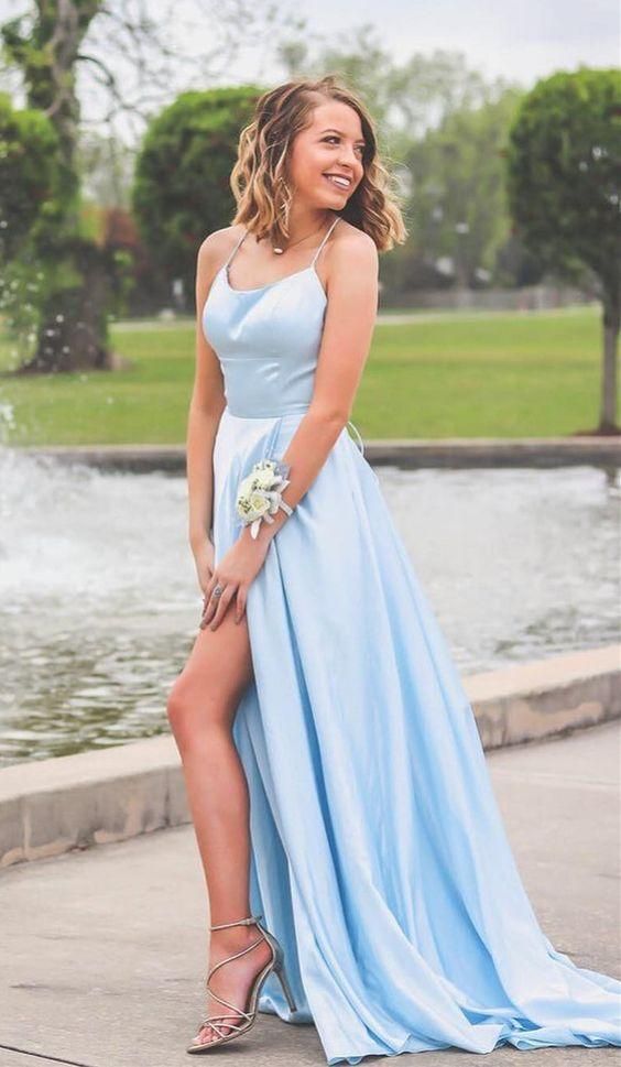 Light Blue Prom Dress with Slit, Evening Dress ,Winter Formal Dress, Pageant Dance Dresses, Graduation School Party Gown cg6513