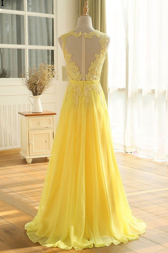 Yellow Floor Length A Line Beading Appliques Sashes Sleeveless Chiffon Long Prom Dress cg6519