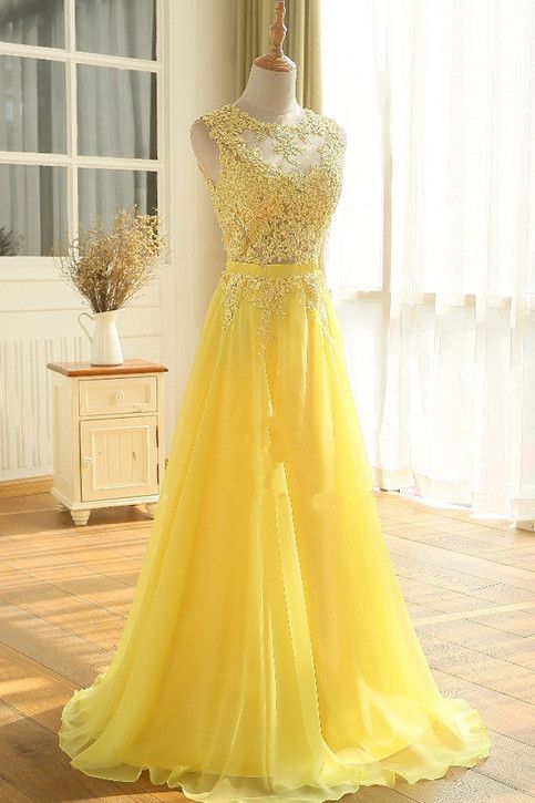 Yellow Floor Length A Line Beading Appliques Sashes Sleeveless Chiffon Long Prom Dress cg6519