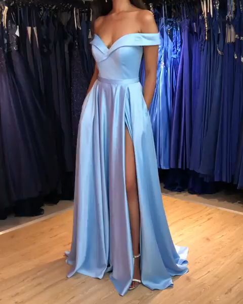 Hot Sexy A-Line Off th Shoulder Blue Satin Long Prom/Evening Dress with Split Front cg6534