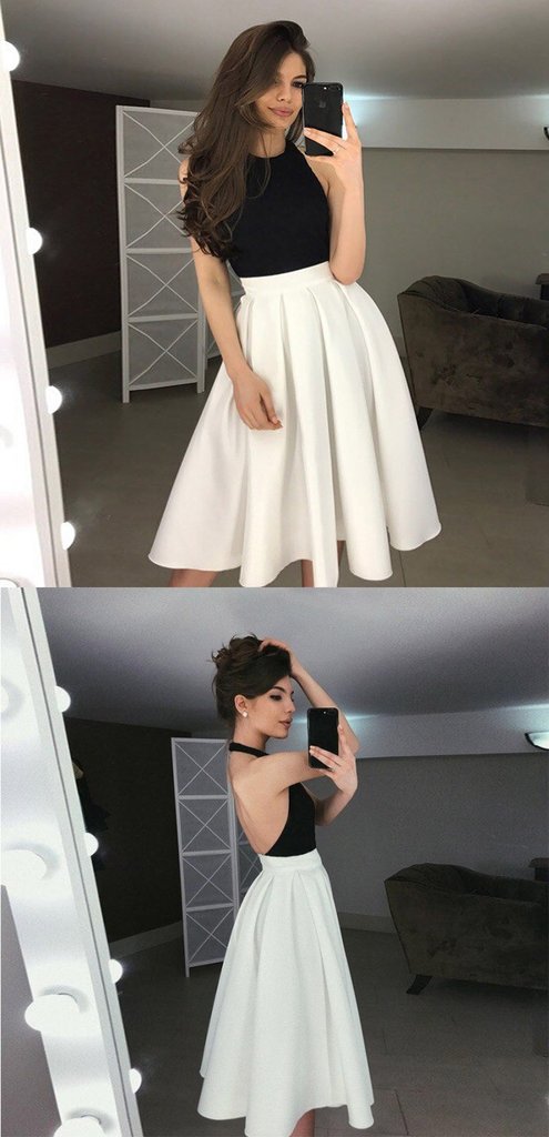 Halter Jersey A-Line Backless Satin Homecoming Dress, cg682