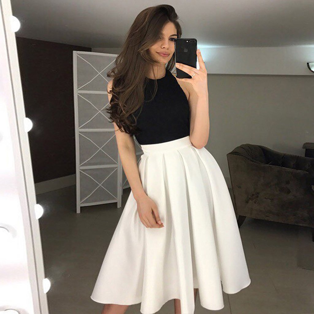 Halter Jersey A-Line Backless Satin Homecoming Dress, cg682