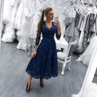 V Neck Long Sleeves Royal Blue Lace Appliques Beaded prom dress cg6948