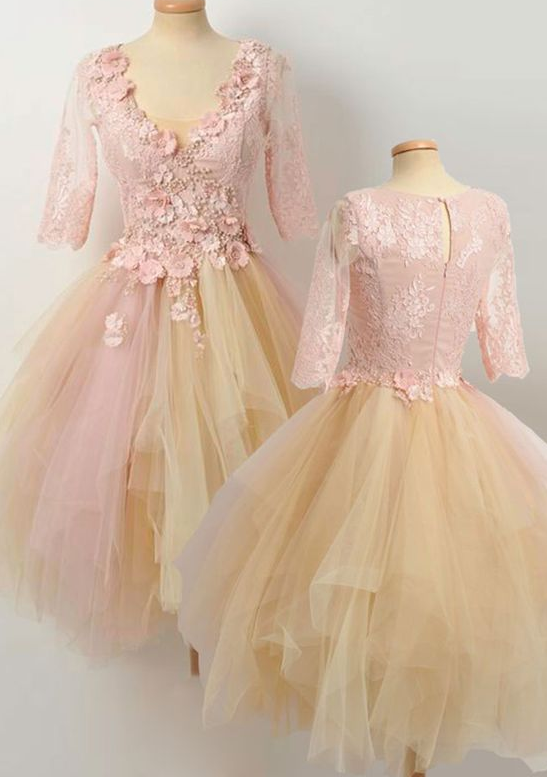 champagne lace tulle prom dress, cute dress cg7113