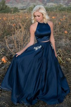 Elegant A Line Satin Dark Navy Two Pieces Long Prom Dresses With Pockets cg7158