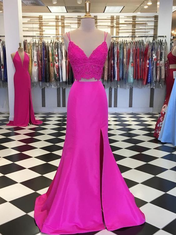 Fuchsia V Neck Two Pieces Mermaid Lace Top Satin Long Prom Dress with Slit, Mermaid Lace Fuchsia Formal Graduation Evening Dresses cg7303