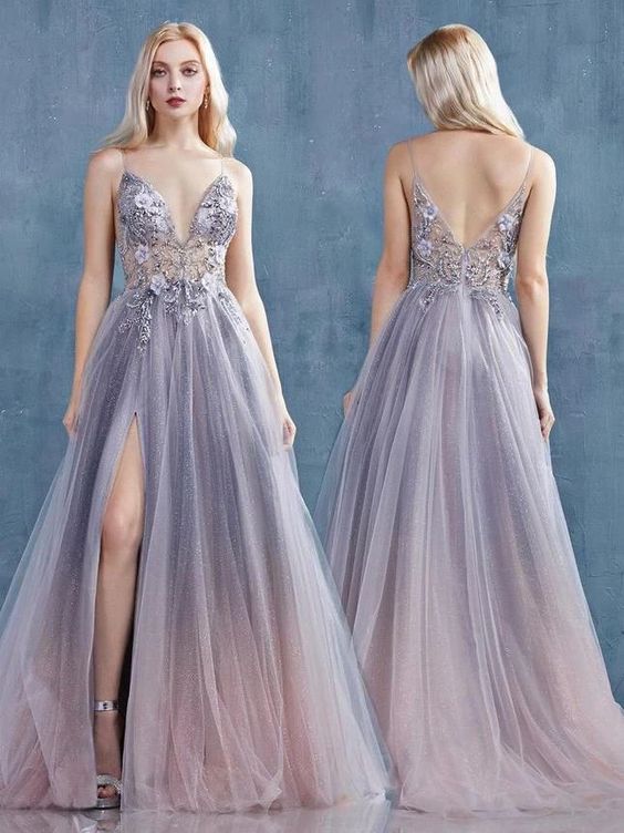 A-line Spaghetti Straps Beaded Long Prom Dresses Tulle Evening Dress cg7596