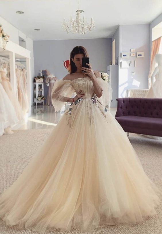Champagne tulle long prom dress evening dress cg8276