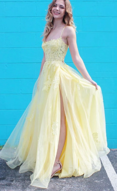 YELLOW SWEETHEART TULLE LACE LONG PROM DRESS YELLOW FORMAL DRESS cg8438