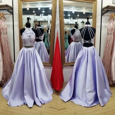 Two Piece High Neck Lavender Satin Long Prom Dress cg8638
