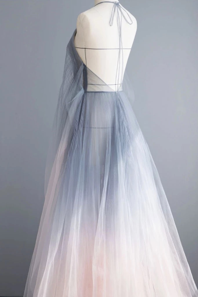 Gray Tulle Open Back Long A Line Prom Dress, Evening Dress cg6046