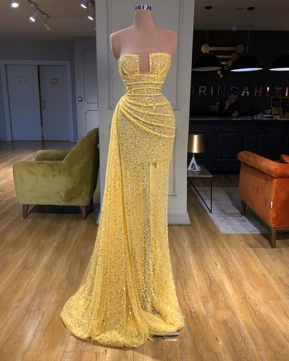 yellow evening dresses long high neck sparkly feather luxury bling evening gown formal dress Long Prom Dress cg9270