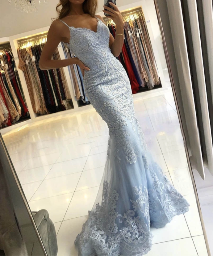 Blue lace long prom dress mermaid evening dress cg9663