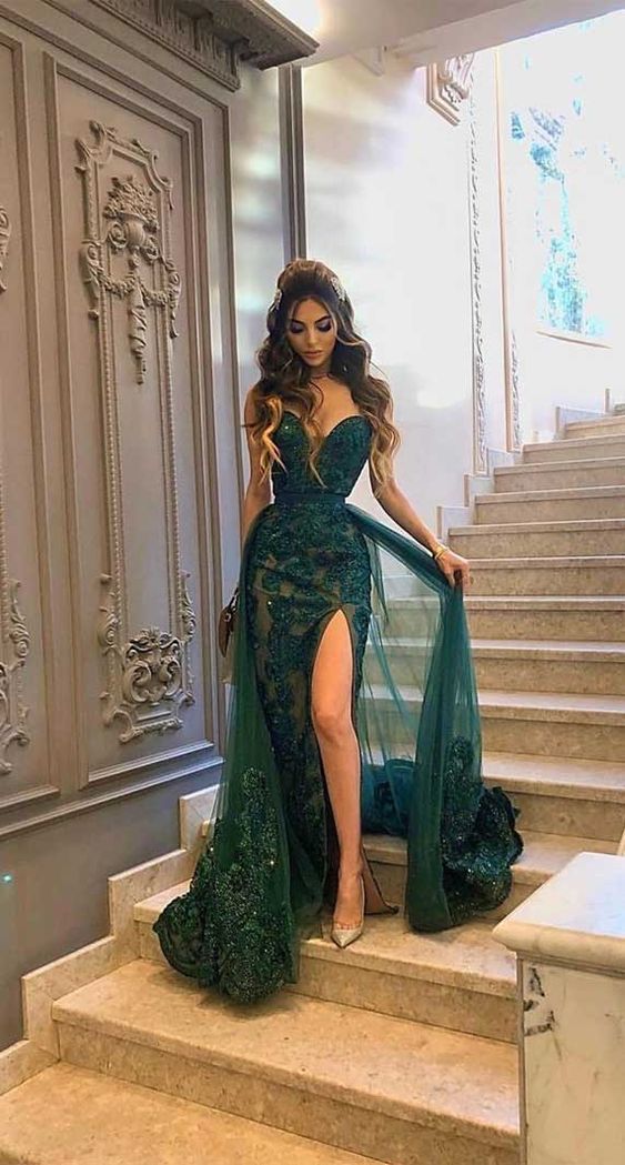 Green sleeveless sweetheart long prom dress with split cg9868