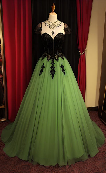 A Line Green and Black Lace Applique Tulle Evening Dresses    cg25346