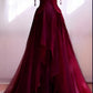 A Line Burgundy Tulle Long Prom Dresses, Formal Graduation Evening Dresses    cg25332