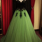 A Line Green and Black Lace Applique Tulle Evening Dresses    cg25346