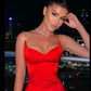 Red Mermaid Bridesmaid Dresses Satin Strapless Leg Split Evening Gowns Prom Dresses    cg14908