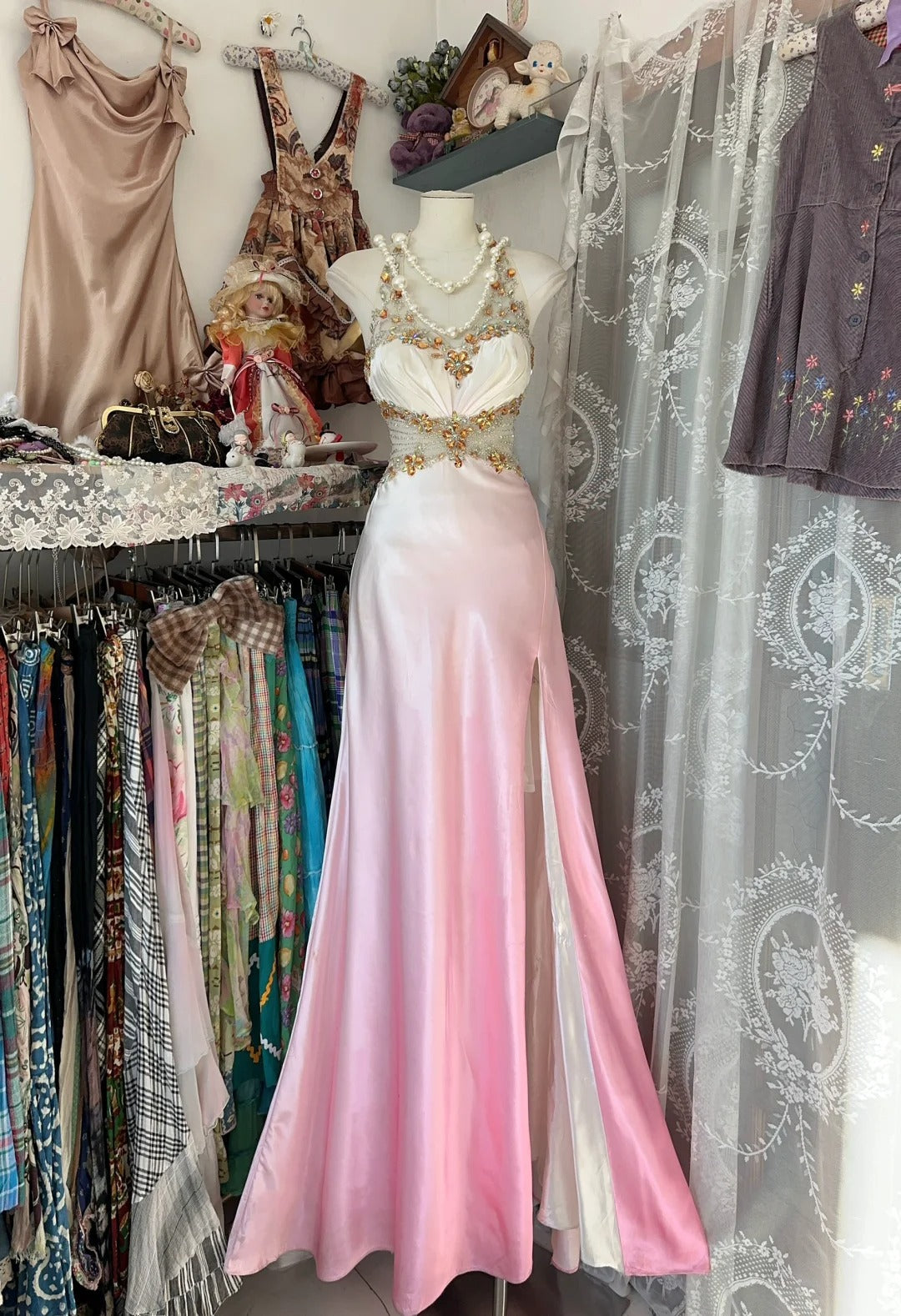 A Line Ombre Pink Vintage Prom Party Gown Evening Dresses    cg25350