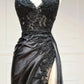 V Neck Satin Lace Long Prom Dress, Lace Long Evening Dress     cg25050