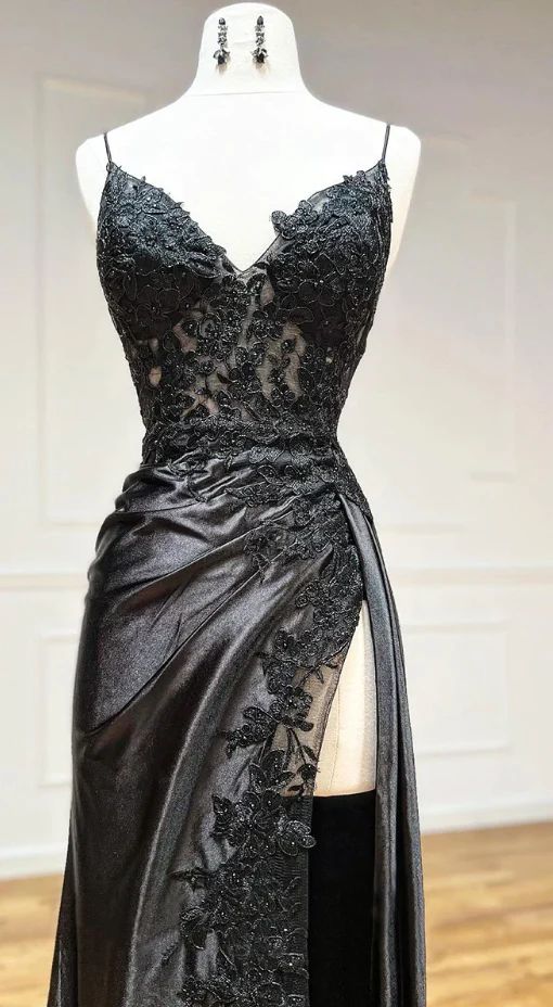 V Neck Satin Lace Long Prom Dress, Lace Long Evening Dress     cg25050