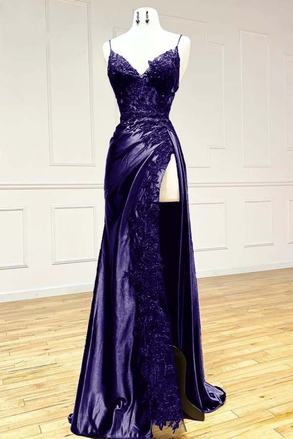 V Neck Satin Lace Long Prom Dress, Lace Long Evening Dress     cg25050