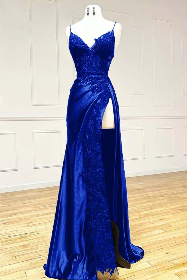 V Neck Satin Lace Long Prom Dress, Lace Long Evening Dress     cg25050