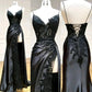 V Neck Satin Lace Long Prom Dress, Lace Long Evening Dress     cg25050