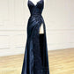 V Neck Satin Lace Long Prom Dress, Lace Long Evening Dress     cg25050